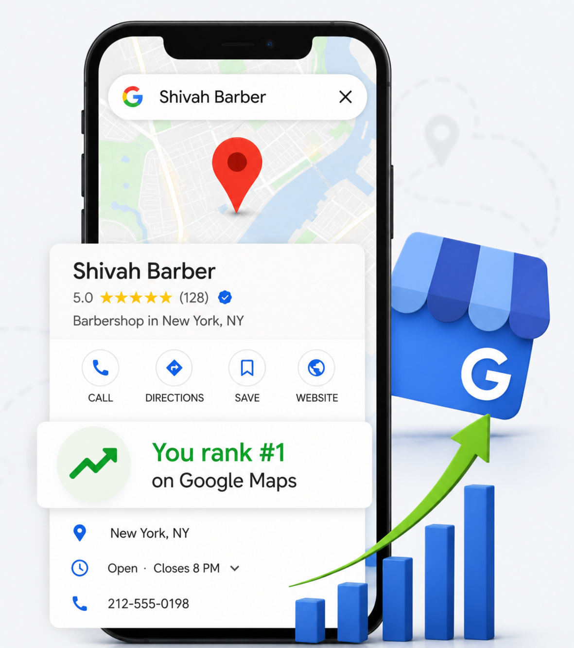 Google Maps optimization dashboard showing ranking, reviews, and traffic growth